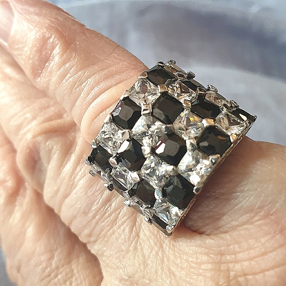 Statement Cocktail Ring. Checkerboard Black and Clear Stones. Apx. Size 5.5 - Picture 3 of 13